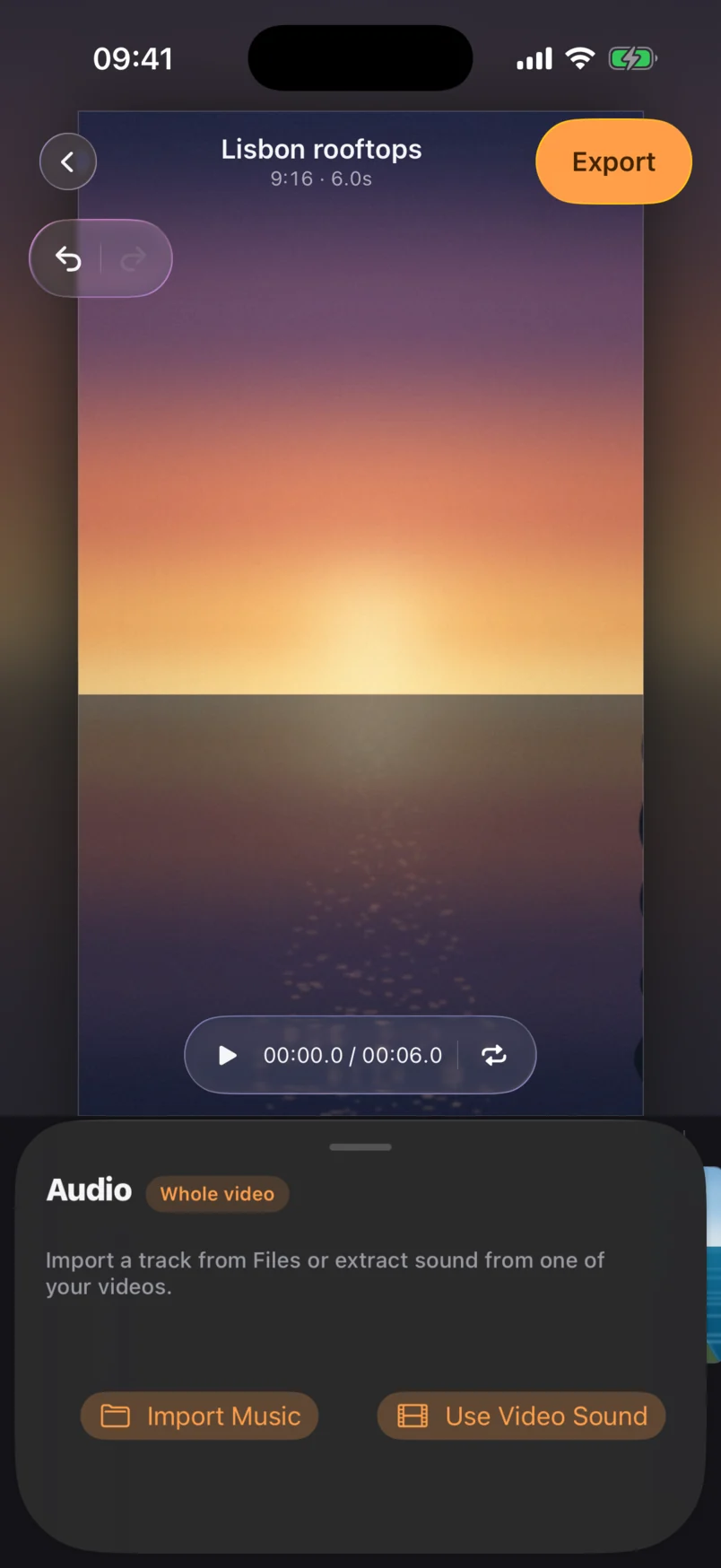 The CutRoll audio sheet, offering Import Music from Files or extracting sound from one of your videos