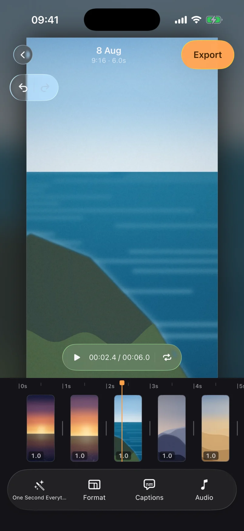 The CutRoll editor: a vertical preview with blur-fill, a scrubber, and a clip strip showing each clip with its speed badge
