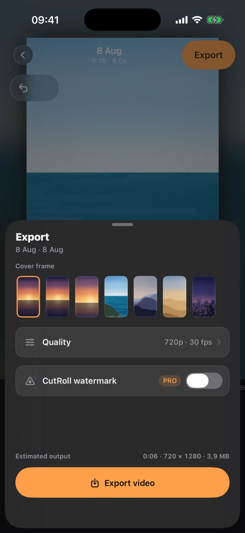 The CutRoll export sheet with a cover frame picker, quality row, watermark toggle and estimated output size