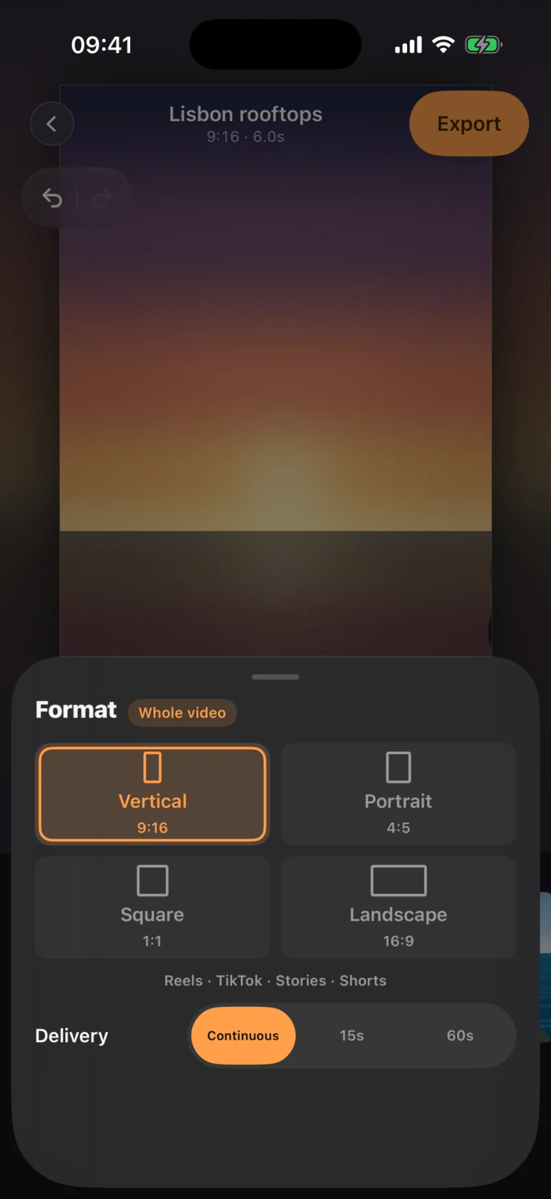 The CutRoll format sheet showing Vertical, Portrait, Square and Landscape options with a delivery selector